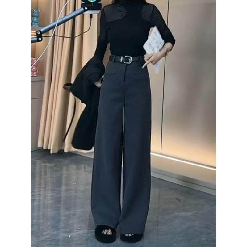 加绒加厚灰色毛呢裤女秋冬2024新款窄版阔腿裤大码胖mm显瘦直筒裤