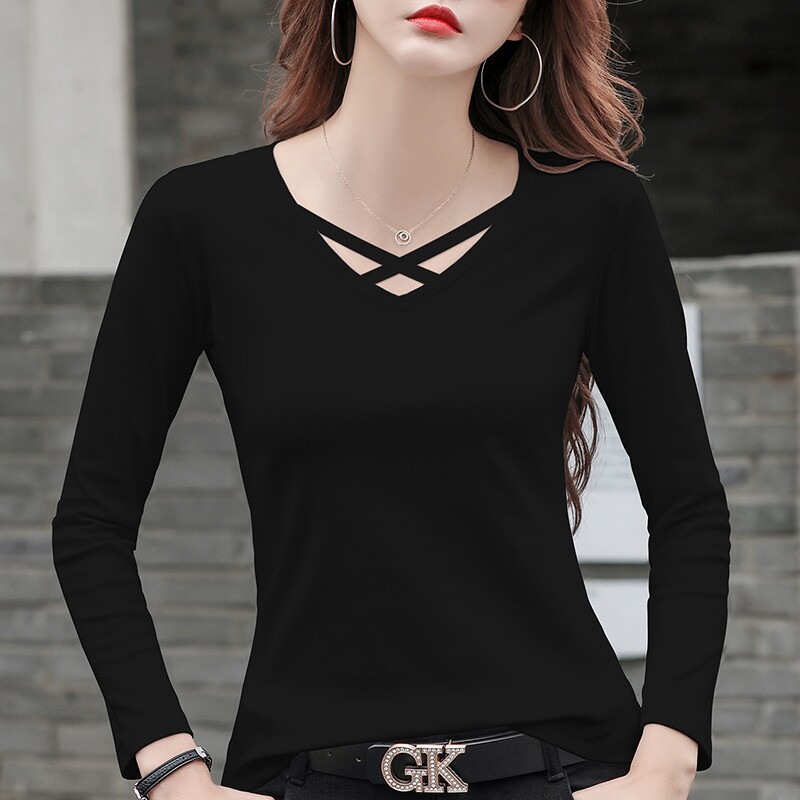 白色修身设计感v领交叉长袖打底衫t恤女春秋纯棉内搭洋气低领上衣