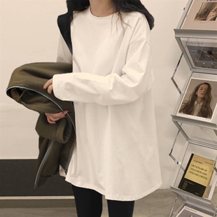白色内搭打底衫女宽松简约2023年新款春秋冬季长袖T恤中长款上衣