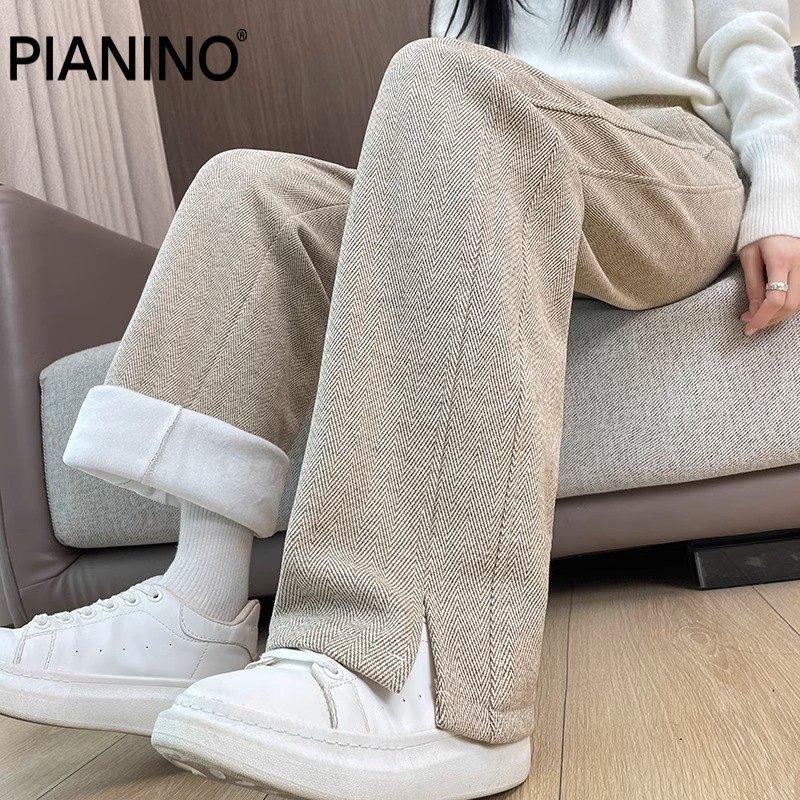 加绒加厚阔腿裤女秋冬季高腰窄版毛呢裤子开叉直筒休闲人字纹女裤