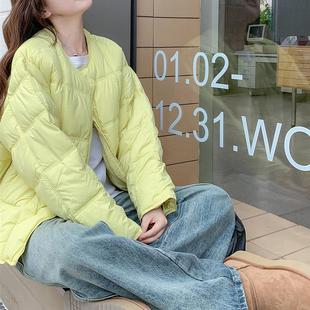 秋冬韩系宽松小个子面包服外套女短款粉红鹅黄色轻薄无领羽绒棉服
