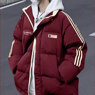 美式复古酒红色羽绒棉服女大童冬季初中高中学生三条杠面包服外套