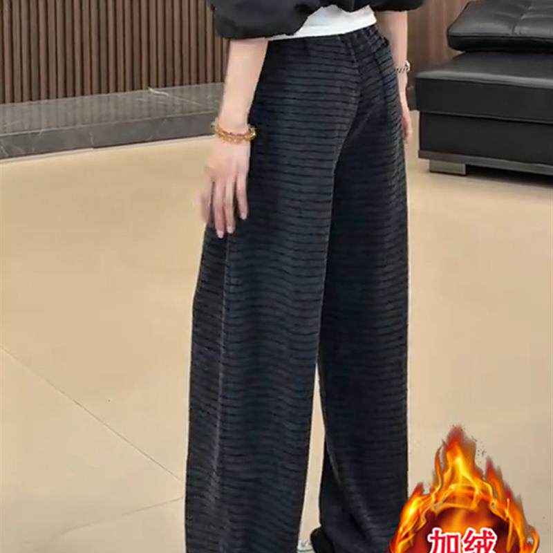 2025秋冬季新款女士高级感毛呢条纹休闲弯刀裤加绒厚宽松阔腿裤子