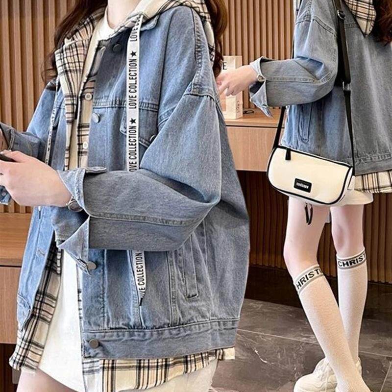 设计感小个子连帽开衫牛仔外套女宽松bf慵懒风初高中学生夹克上衣