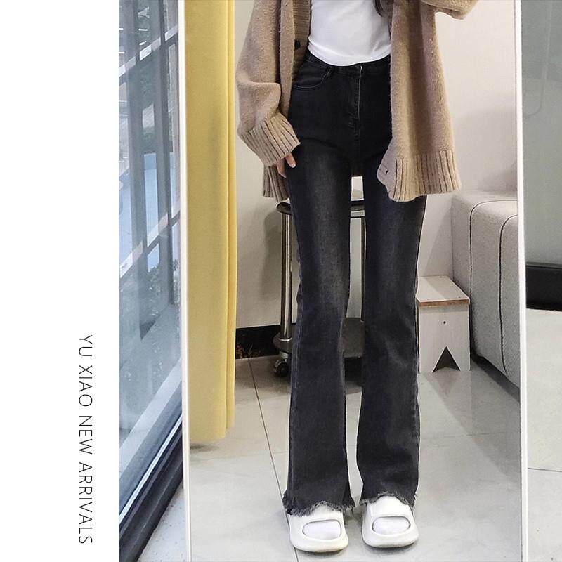 梨形身材微喇牛仔裤女冬季加绒加厚高腰大码胖mm显瘦毛边弹力裤子