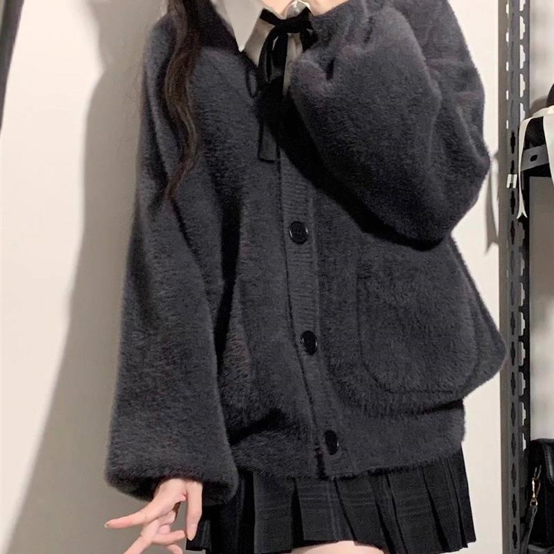 JK制服开衫小个子甜美温柔毛茸茸白色秋冬毛衣针织宽松外套百搭