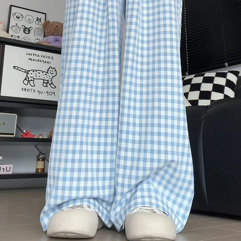 蓝色格子裤子女春夏2025新款高腰休闲显瘦格纹裤小个子直筒阔腿裤