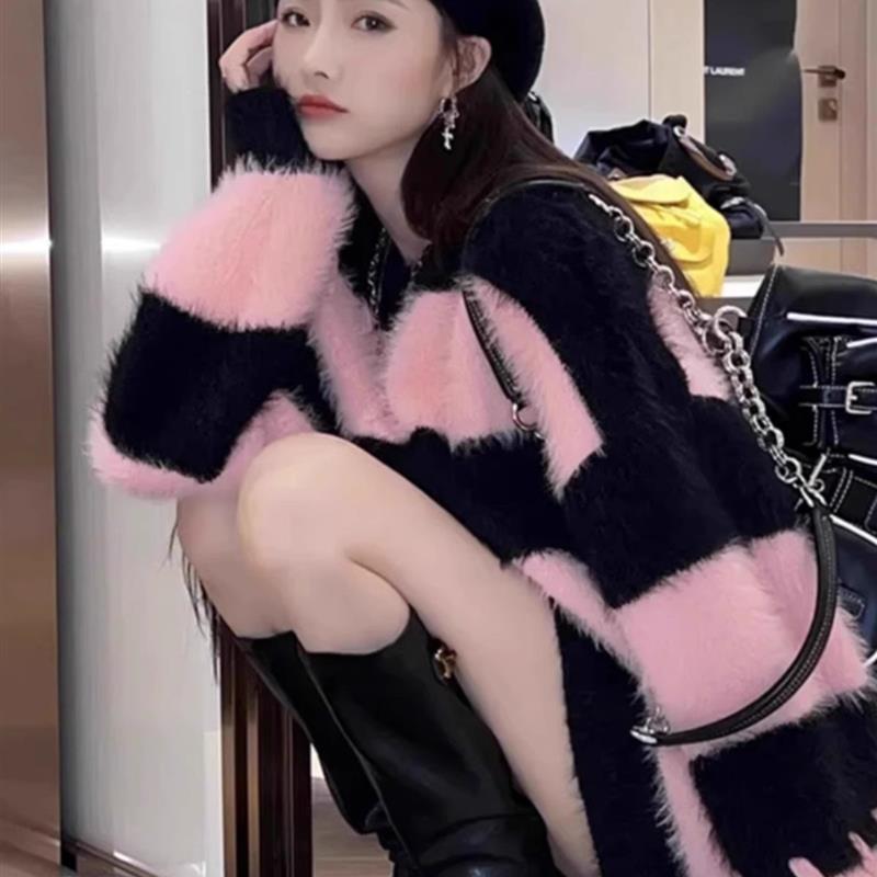 软糯水貂绒条纹撞色毛衣女秋冬季宽松设计感小众慵懒风针织衫上衣