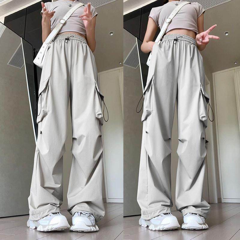 卡其色工装裤女夏季薄款高腰休闲直筒冰丝阔腿裤美式降落伞运动裤