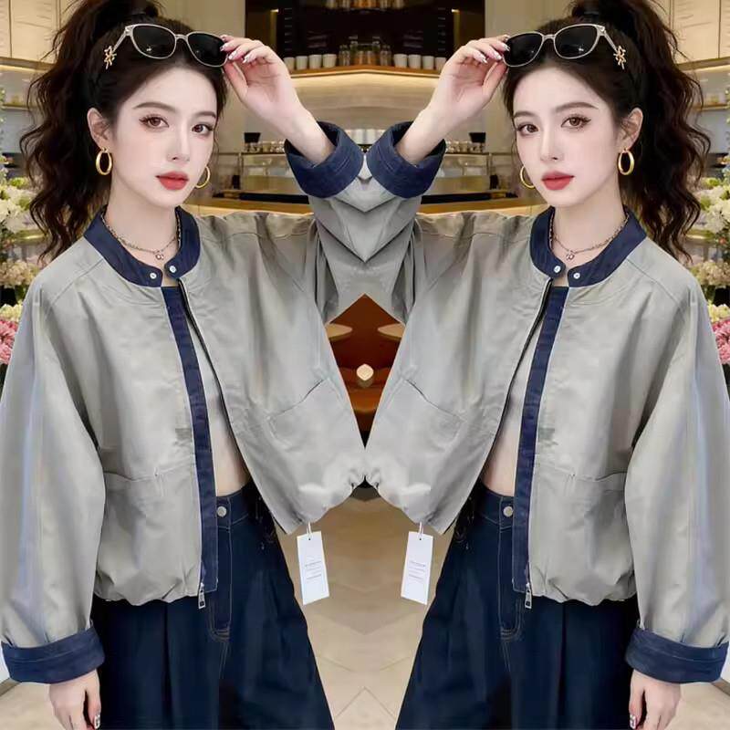 2026春网红新款牛仔拼接外套女韩版设计感宽松立领夹克棒球服上衣
