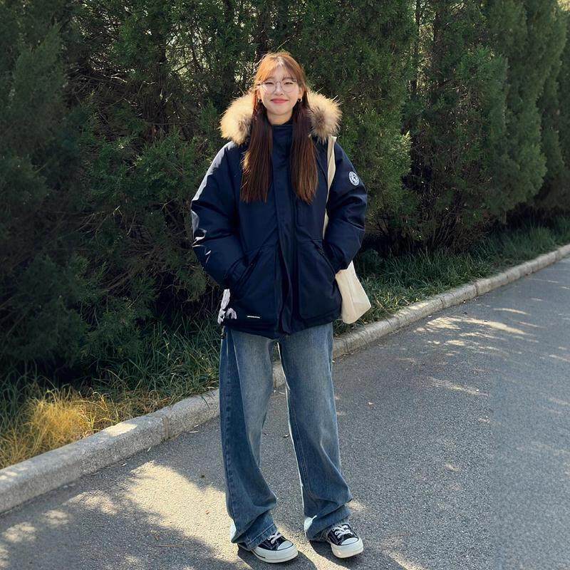 工装派克羽绒棉服女2024冬季新款加厚美式高级情侣大毛领棉衣外套