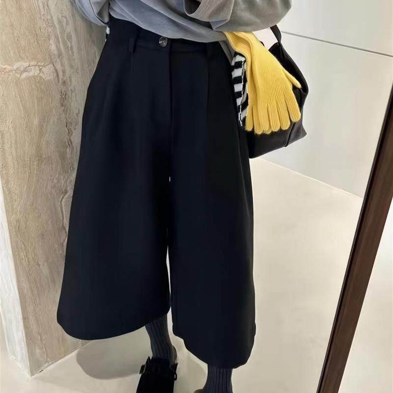 慵懒风灰色加厚阔腿裤女秋冬季大码宽松小个子显瘦休闲毛呢九分裤