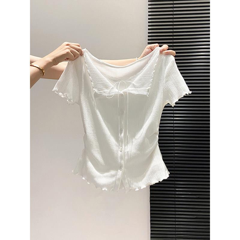 纯欲风蕾丝拼接假两件短袖t恤衫女夏季新款褶皱收腰显瘦百搭上衣