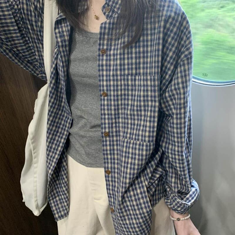 韩版蓝色格子长袖衬衫女春季2026新款慵懒风衬衫外套宽松显瘦上衣