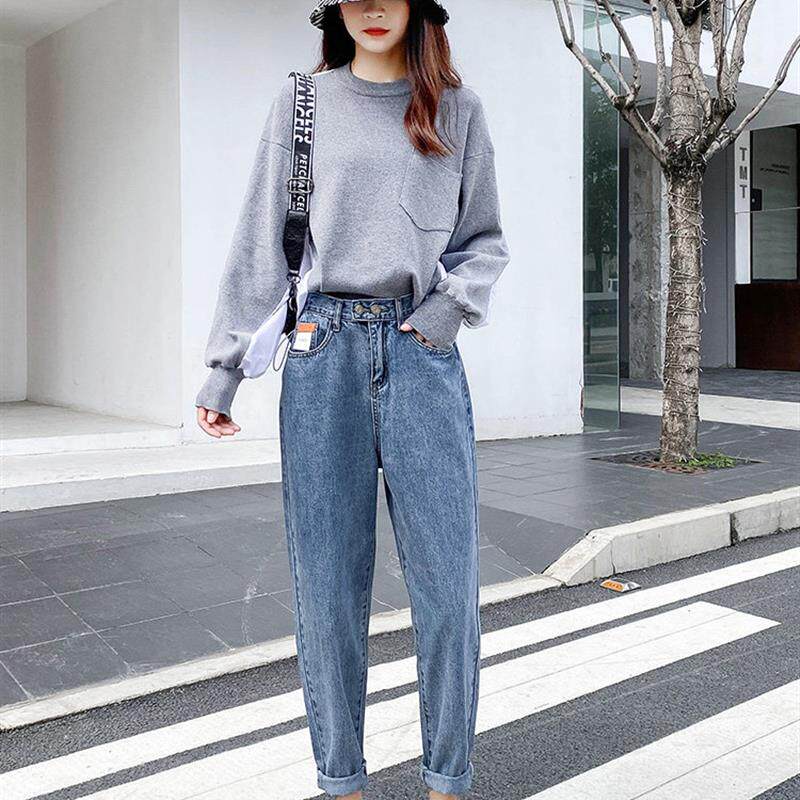 高腰老爹牛仔裤女宽松2025冬新款哈伦裤加绒大码胖mm显瘦萝卜裤子