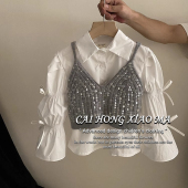 2025新款 亮片针织吊带拼接裙裤 洋气时髦套装 衬衫 潮 泡泡袖 女童春装