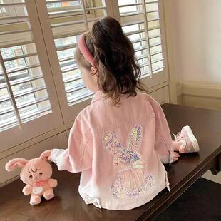 女童外套春装2026新款春秋翻领洋气卡通兔子儿童渐变色牛仔上衣潮