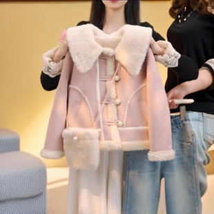 冬季韩版皮毛一体外套女童翻领大衣加绒加厚2025新款儿童毛呢上衣