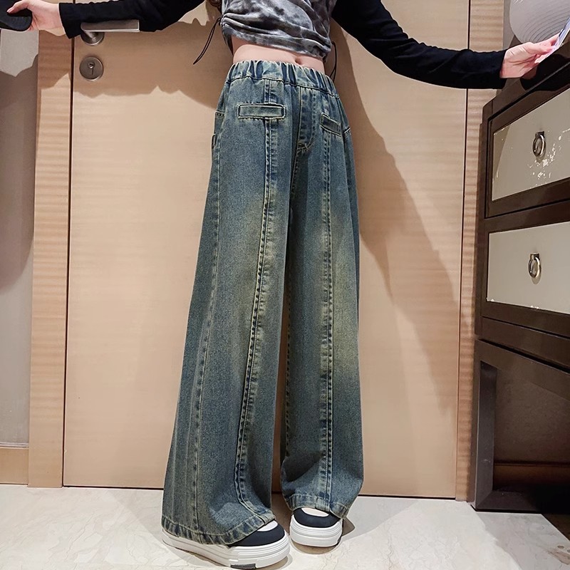 女童牛仔阔腿裤春秋宽松