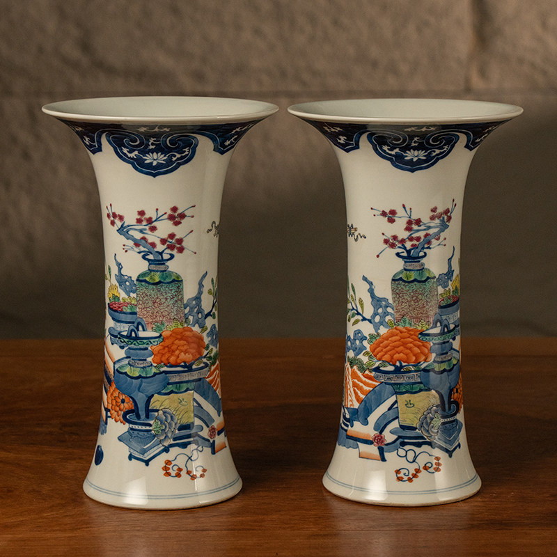 清代 斗彩博古图花觚（一对）老物件文玩古董瓷器艺术品摆件真品