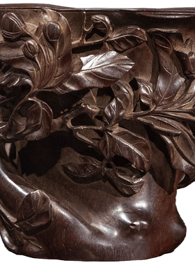 清代紫檀木透雕海棠纹杯老物件文玩古董收藏真品小叶紫檀茶杯摆件