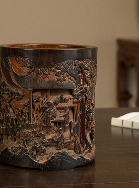 竹雕文人雅集笔筒摆件