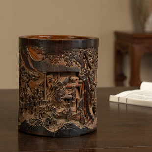 清代竹雕文人雅集笔筒老物件古玩收藏真品竹制艺术品中式装饰摆件