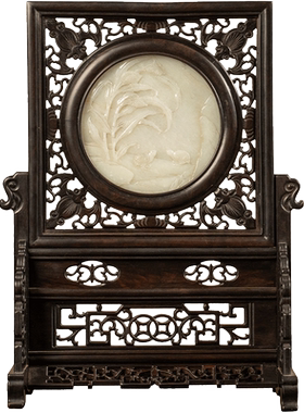 红木嵌玉雕花鸟纹插屏摆件