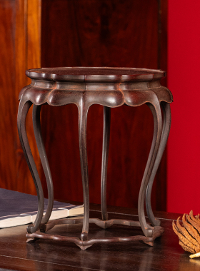 紫檀三弯腿六足带托泥菱花口器座