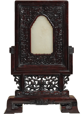 红木嵌玉雕清供图吉祥如意插屏