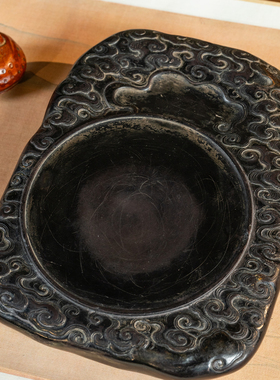 清代满工云纹圆池端砚文玩古董收藏书房桌面摆件砚台