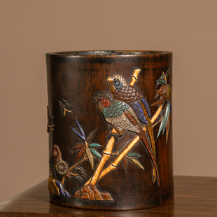 清代竹雕百宝嵌花鸟纹笔筒文玩古董收藏真品书房桌面摆件中式笔筒