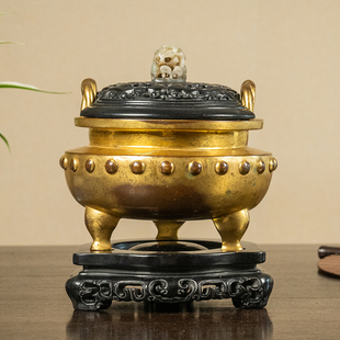 清代铜鎏金绳耳鼓钉纹耳香炉（紫檀盖座）文玩收藏中式香炉摆件