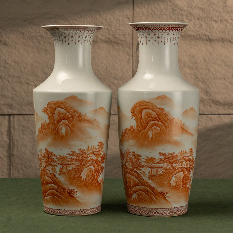 清代汪野亭款矾红彩山水图花瓶（一对）老物件文玩古董瓷器收藏