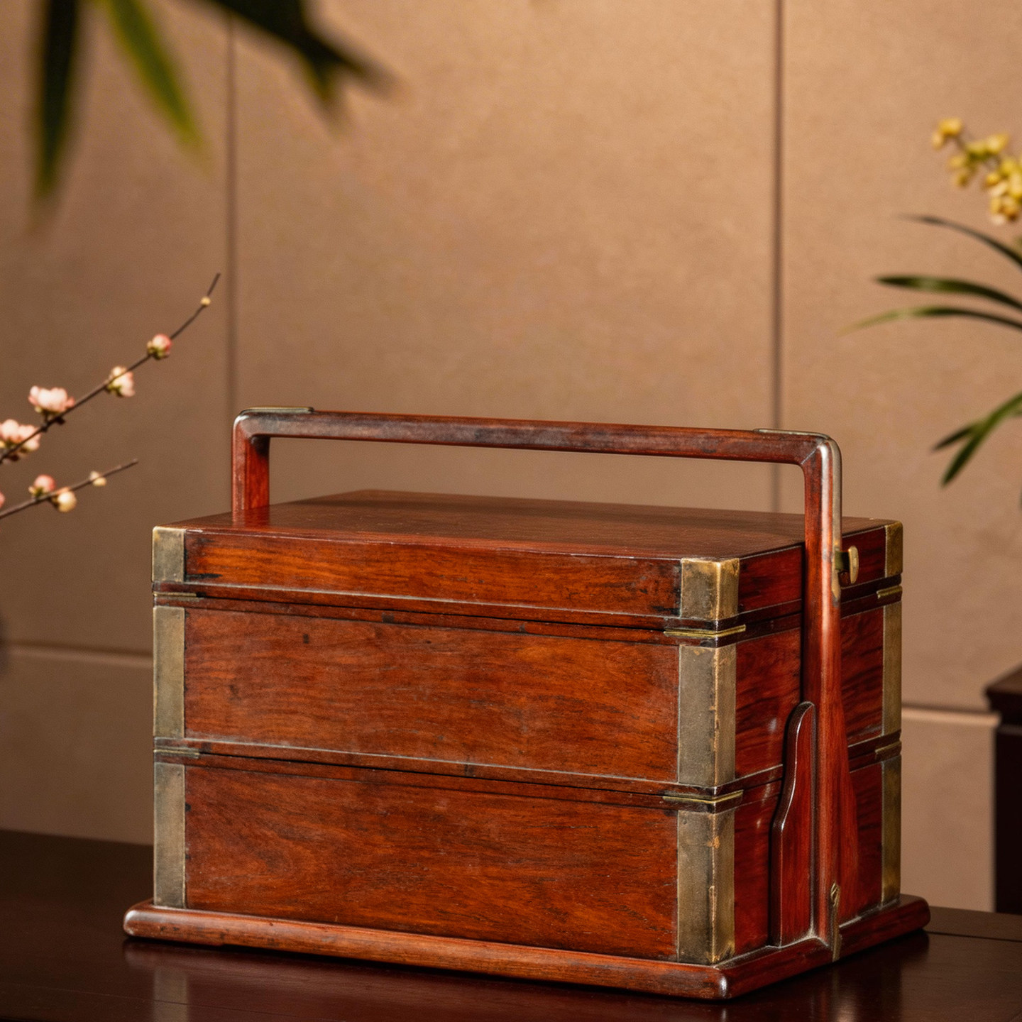 清早期黄花梨满彻两撞提梁盒古董收藏海南黄花梨文房盒