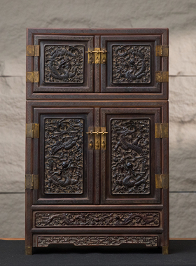 清中期紫檀嵌银丝雕云龙纹顶箱柜摆件古玩古董收藏小叶紫檀书柜