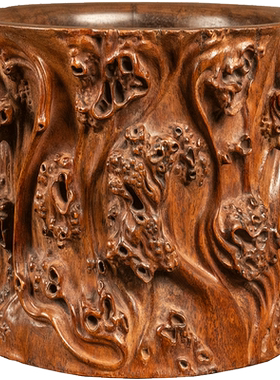 海南黄花梨雕树瘤笔筒