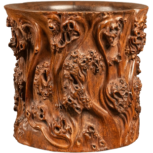 清代 黄花梨雕树瘤笔筒文玩古董收藏书房桌面摆件海南黄花梨笔筒