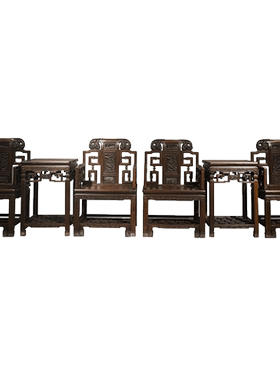 清代红木攒接拐子靠背狮纹带脚踏扶手椅成堂（四椅两几）古董家具