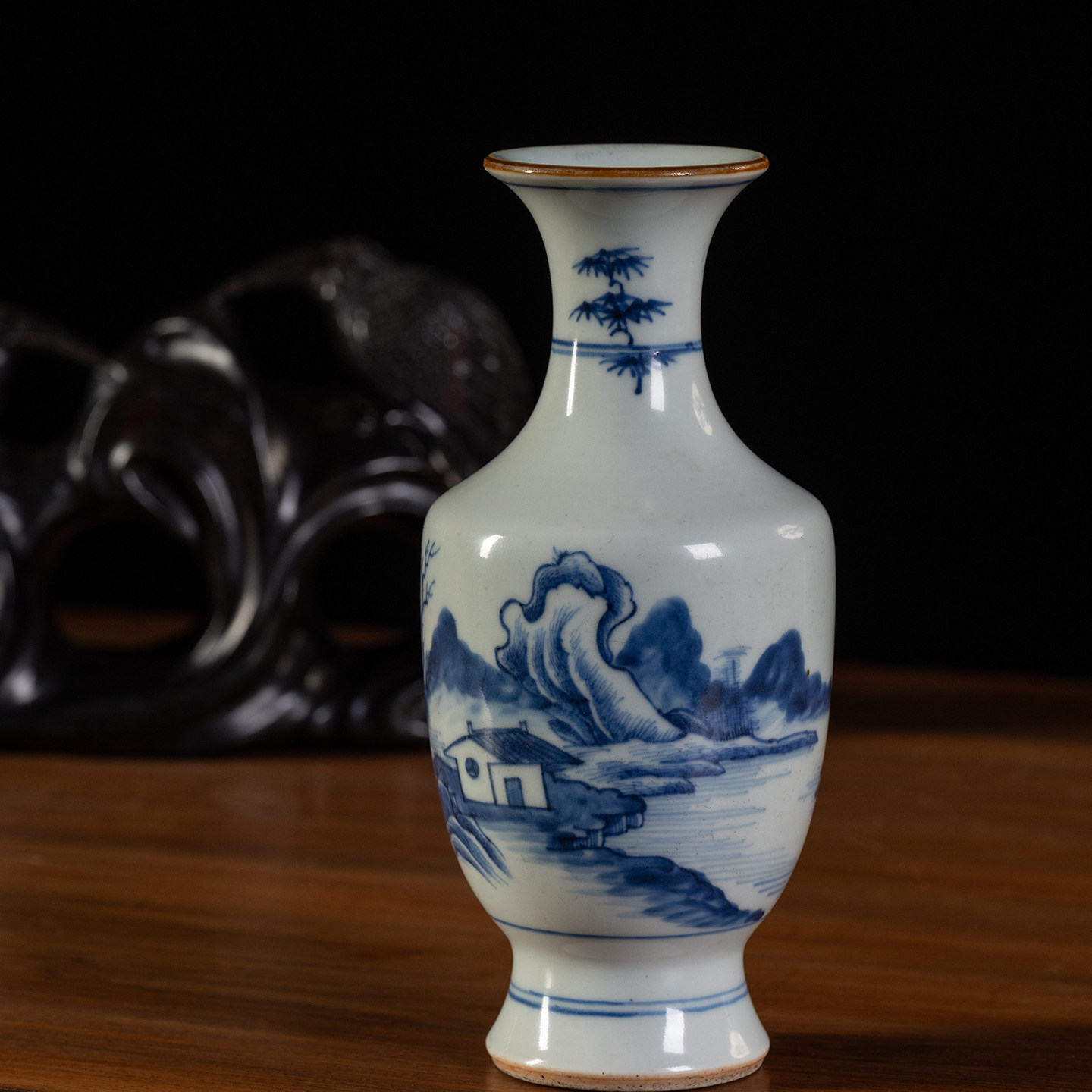 清代青花山水图赏瓶文玩古董收藏瓷器艺术品真品中式装饰摆件花瓶