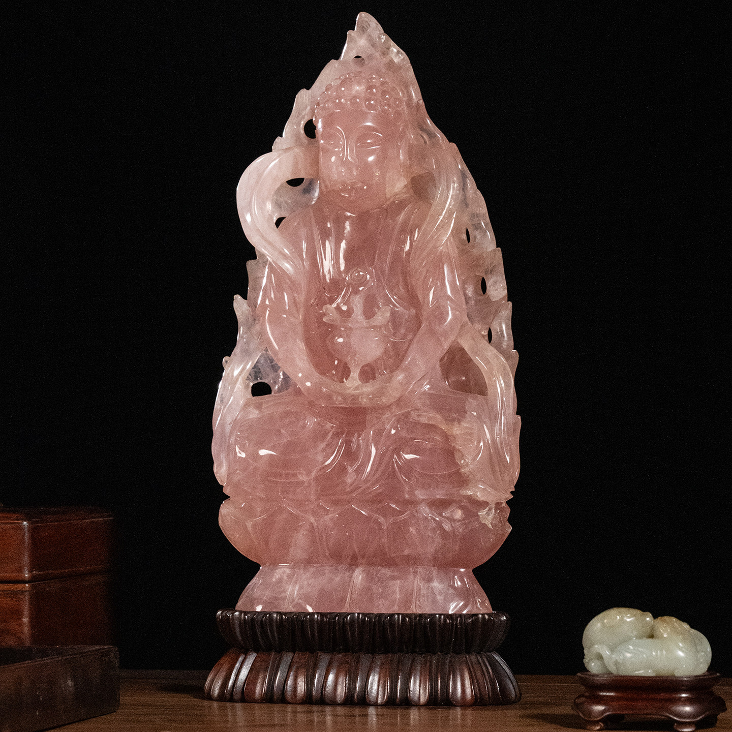 清代 芙蓉石雕药师佛像（红木座）古董佛像收藏大医王佛祝福摆件
