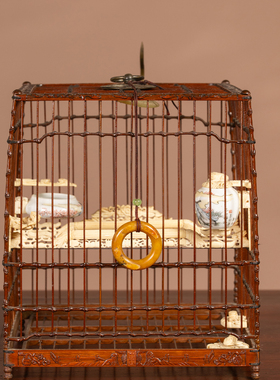 清中期竹雕花卉人物鸟笼古董