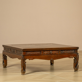 清中期黄花梨镶瘿木拦水线搞束腰三弯腿带屉炕桌古董收藏海黄茶台