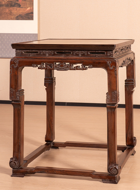 红木镶云石透雕拐子纹带托泥方桌