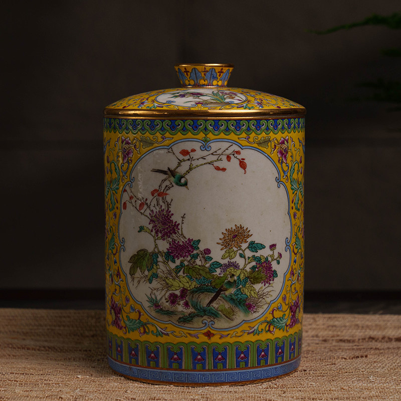 清代 珐琅彩花鸟纹开窗盖罐老物件文玩古董收藏真品瓷器盖罐摆件
