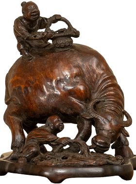 清代竹雕童子牧牛摆件古典