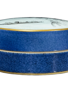 清代蓝釉山水纹盖盒 中式装饰摆件 瓷器盖盒 首饰盒古董摆件收藏