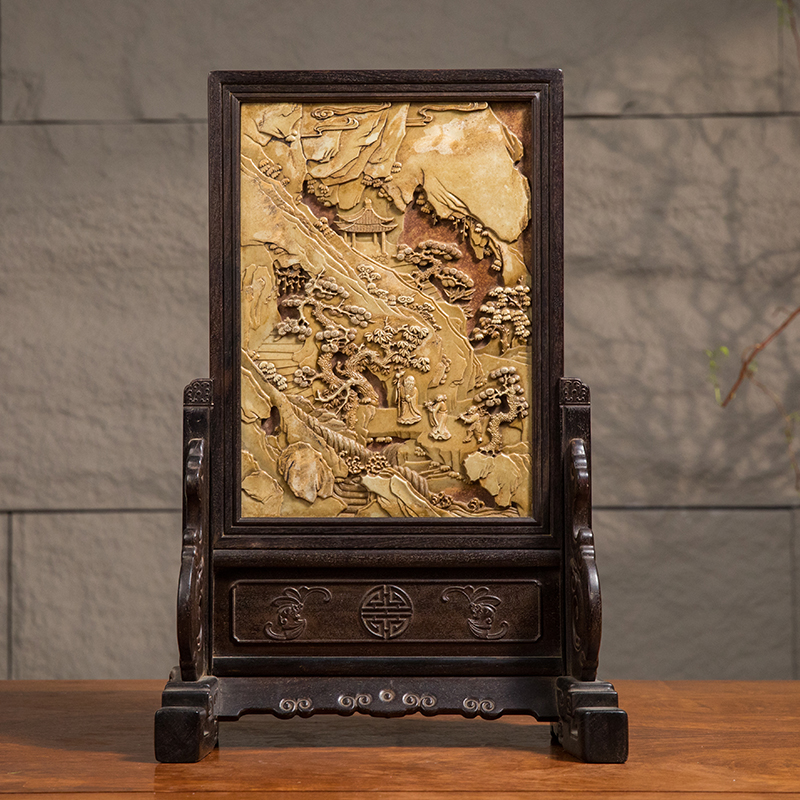 红木镶祁阳石雕献寿图插屏