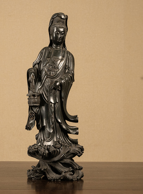 小叶紫檀木雕提篮观音像祝福摆件