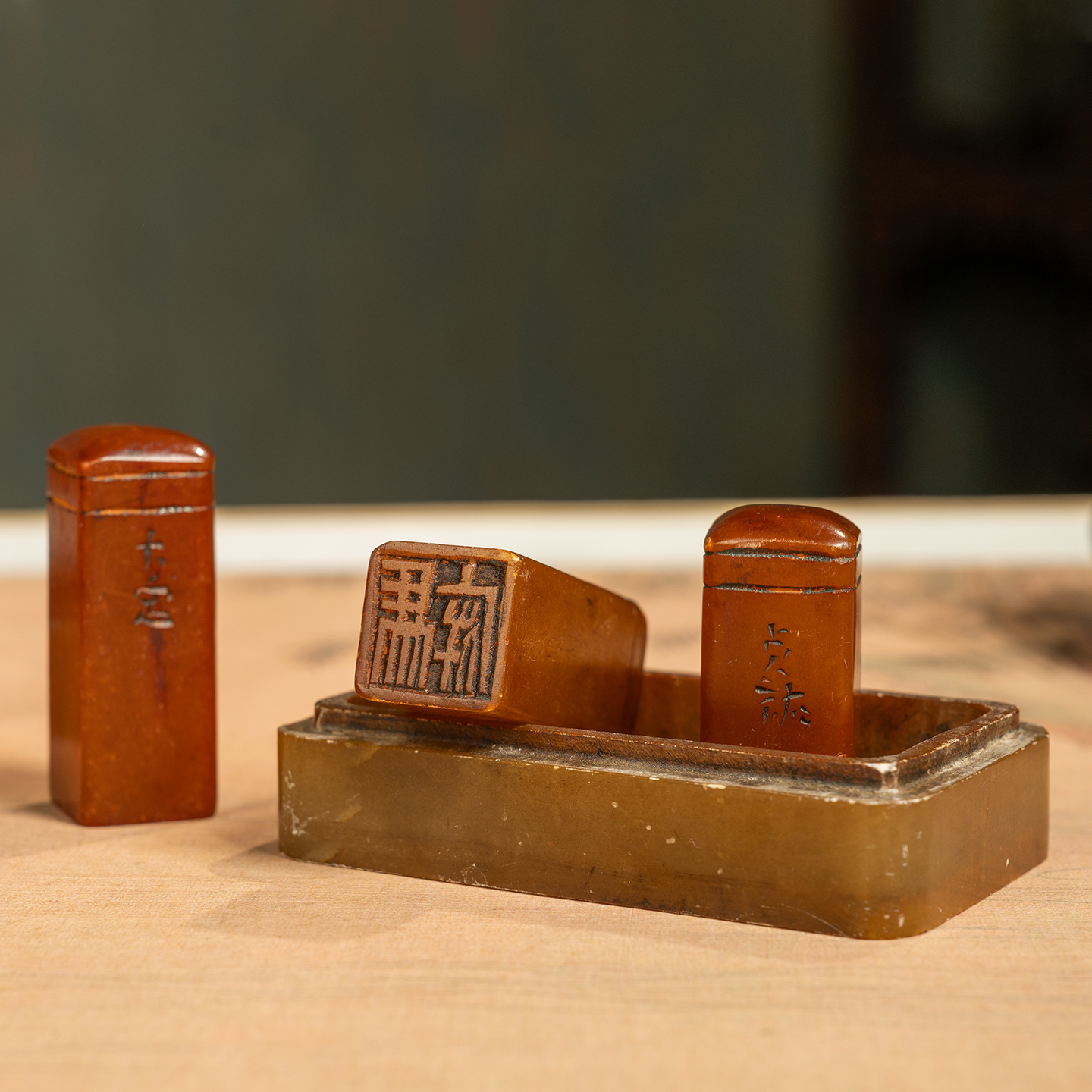 清代寿山石印章及砚（蝠寿纹双层盖盒）文玩古董摆件收藏印章砚台